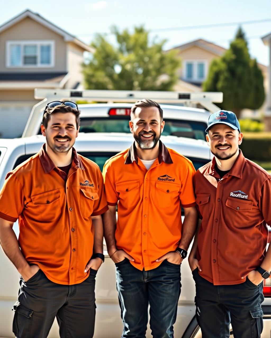 Home-service contractor crew in front of a work truck